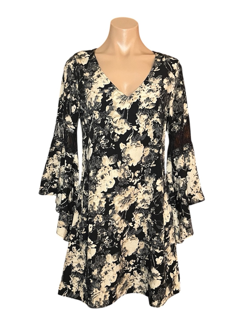 Vintage 90s Black Floral Mini Fit And Flare Bell Sleeve Whimsy Vamp Goth Dress S